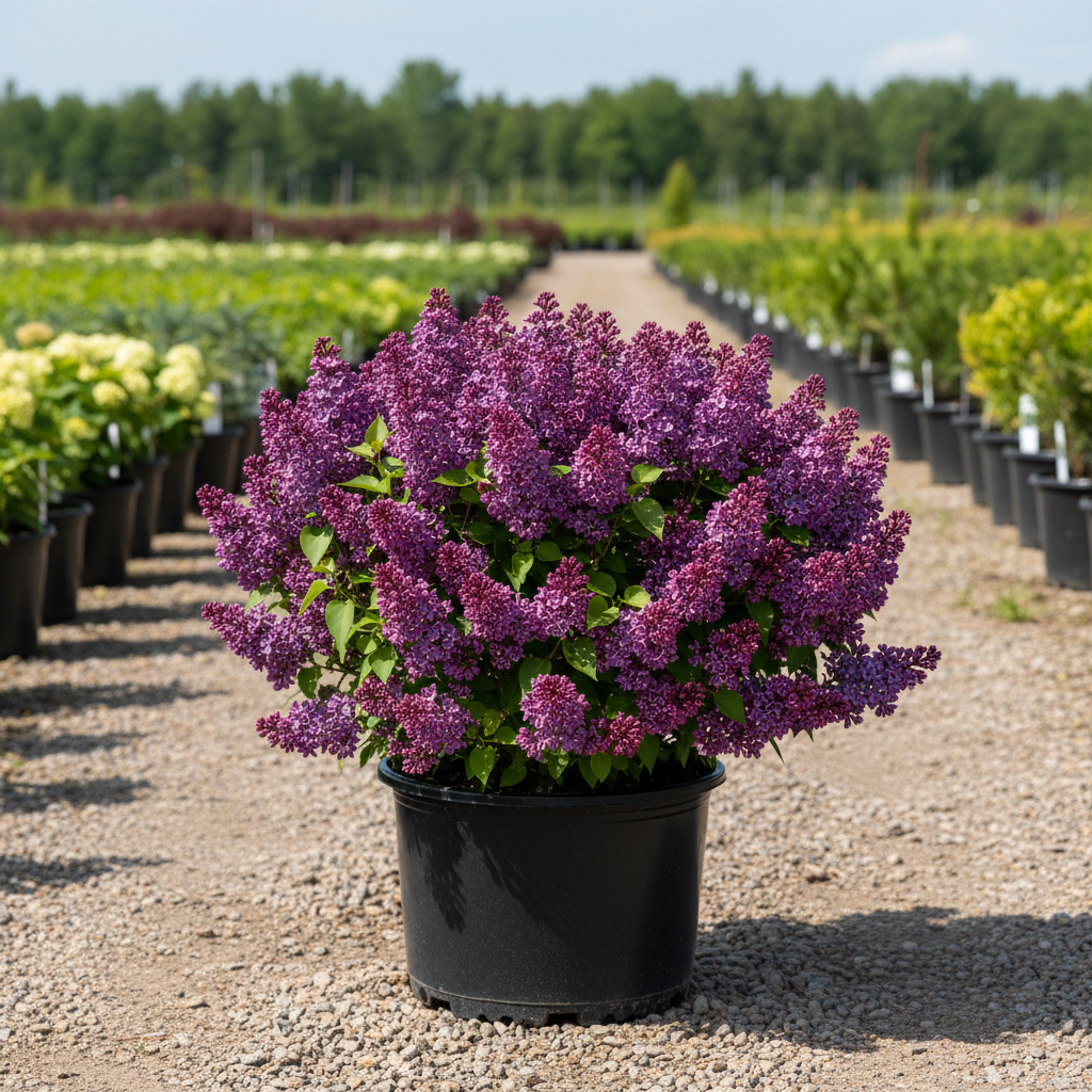 Bloomerang Dark Purple Lilac in black nursery trade container, deep purple flower panicles, outdoor nursery lot background