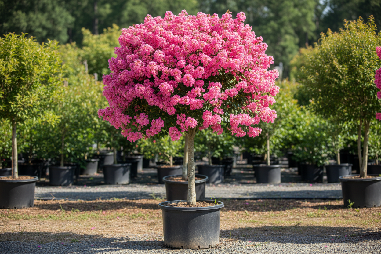 Antagua crape myrtle tree form with bright pink blooms in nursery container