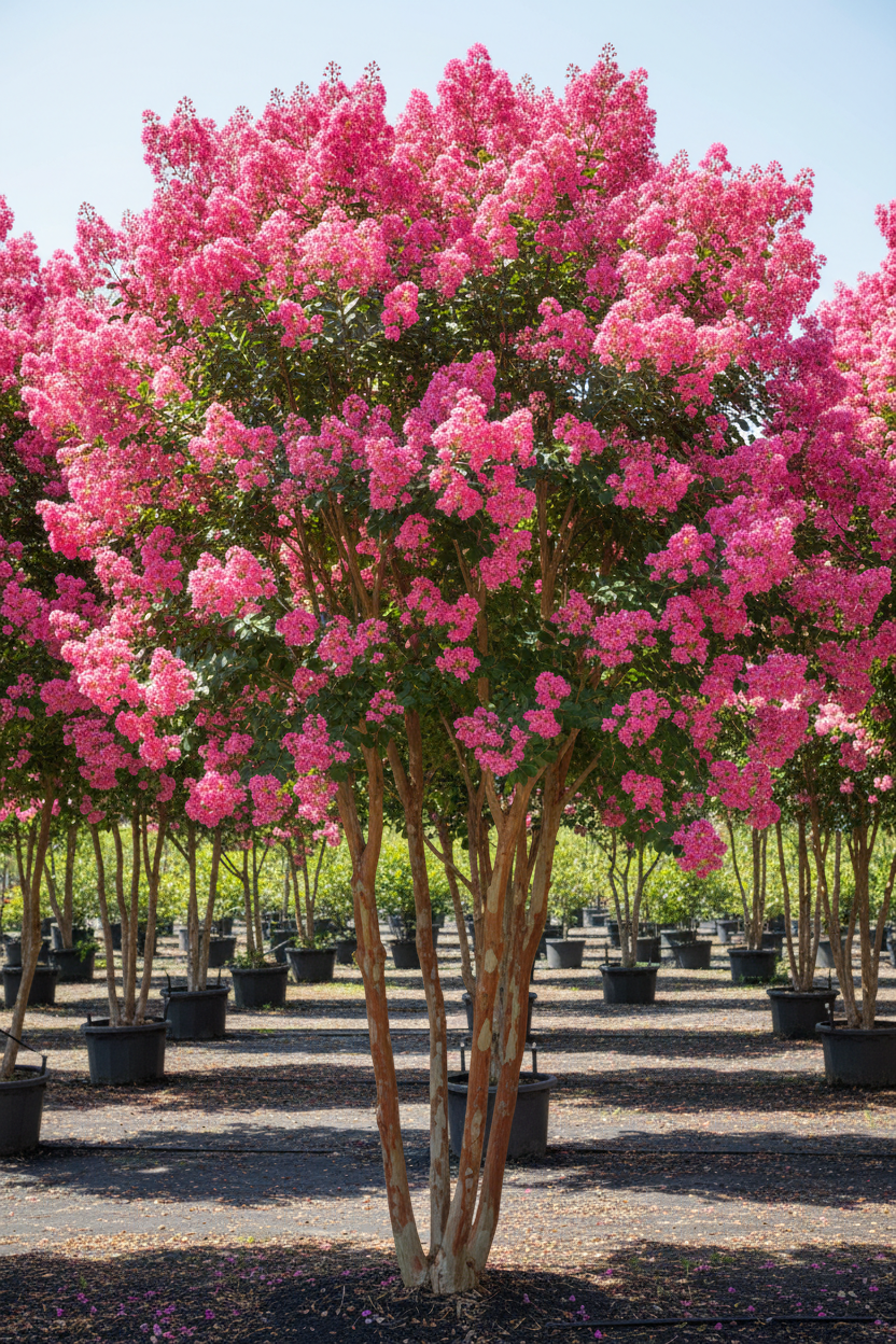 Sioux Crape Myrtle in full bloom with bright pink flower clusters