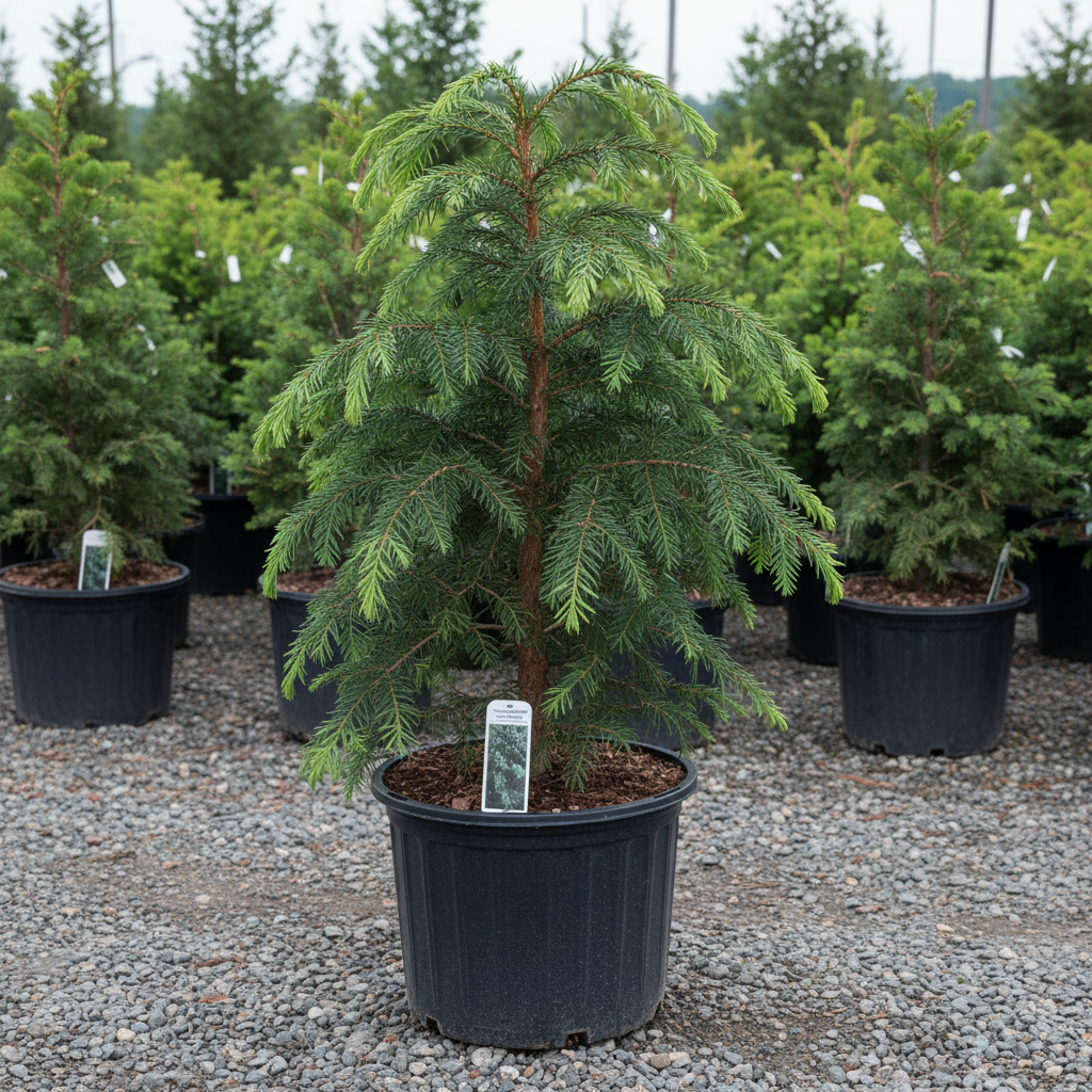 Canadian Hemlock in black nursery trade container, graceful evergreen conifer with soft dark green flat needles on gently drooping branches, pyramidal form, outdoor nursery lot background