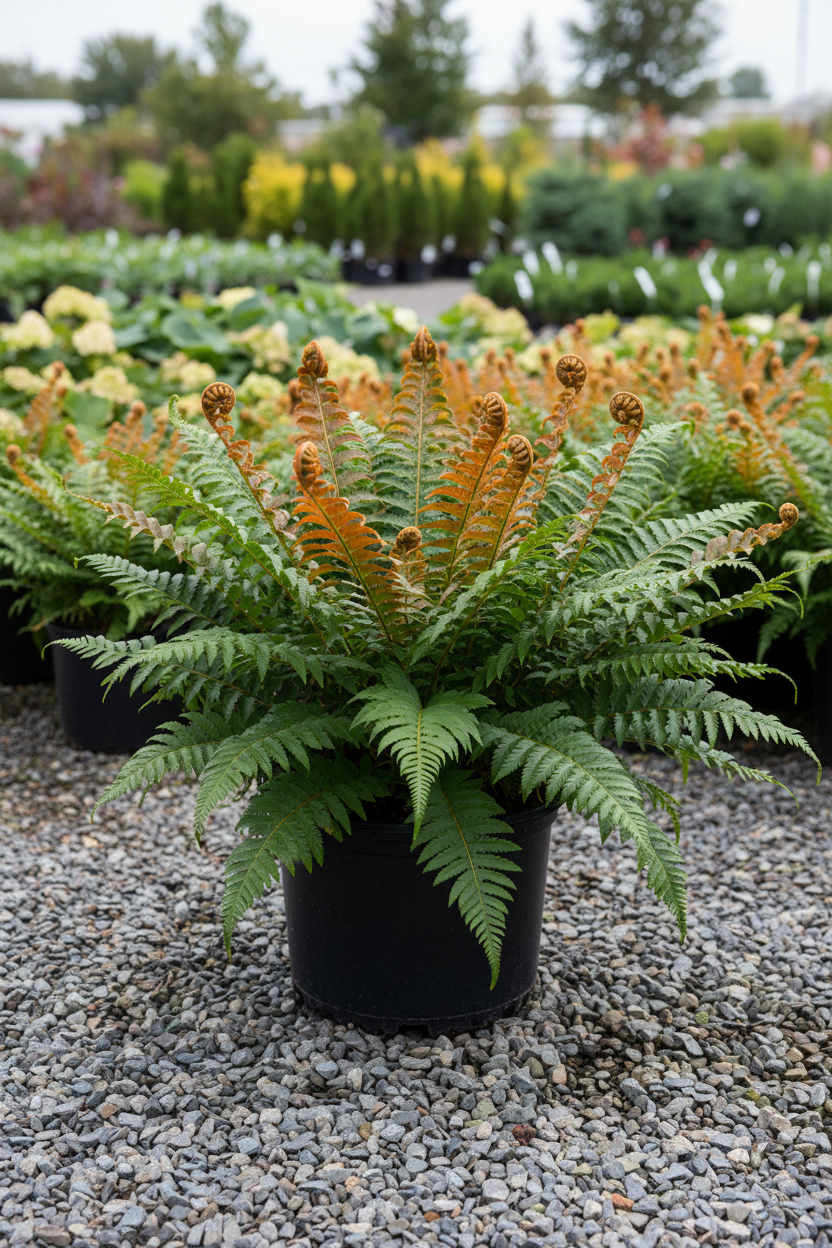 Autumn Fern Brilliance in black nursery pot with coppery-orange new fronds and glossy green mature fronds at garden center
