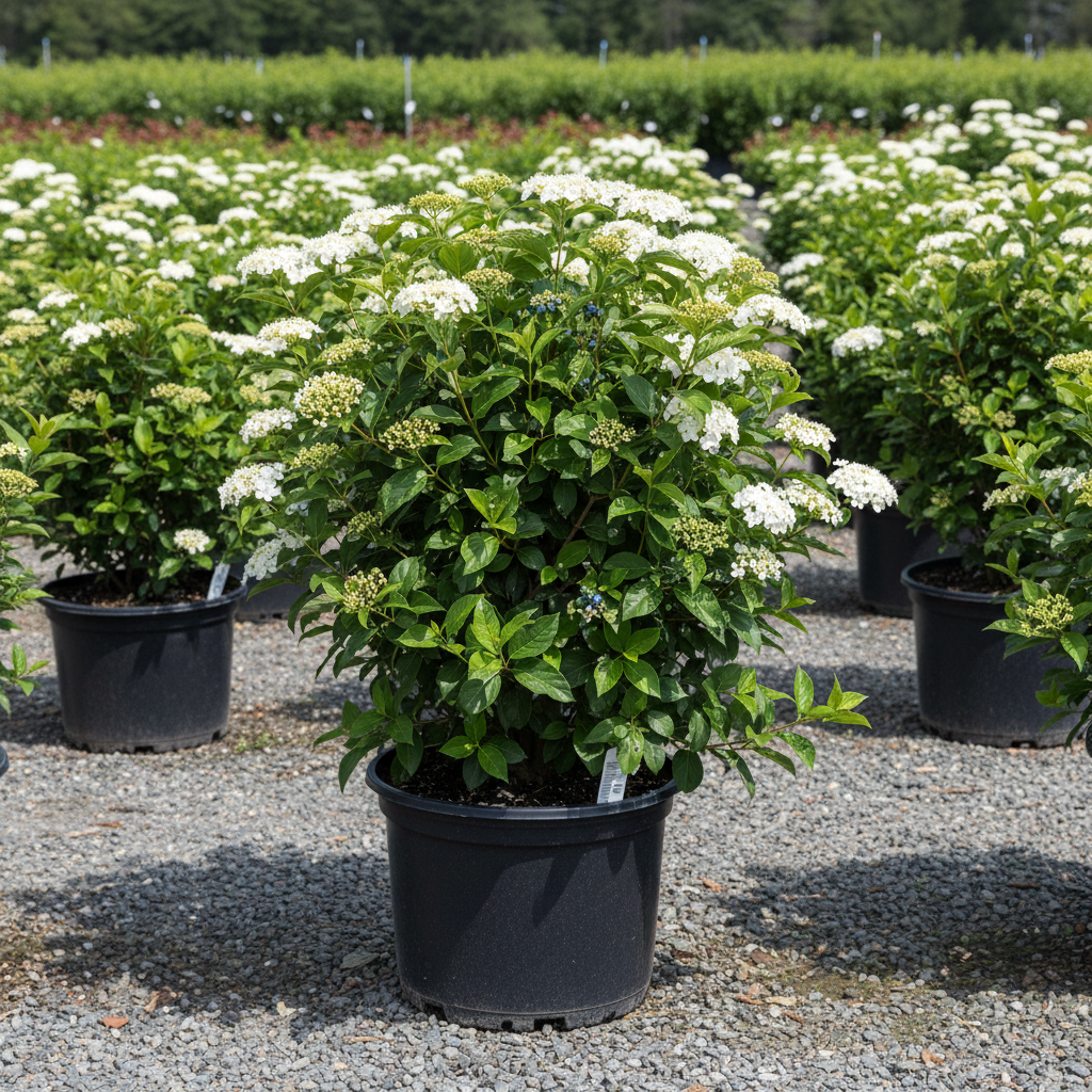 Blue Muffin Arrowwood Viburnum 22-24 inch in black nursery trade container, white flower clusters, outdoor nursery lot background