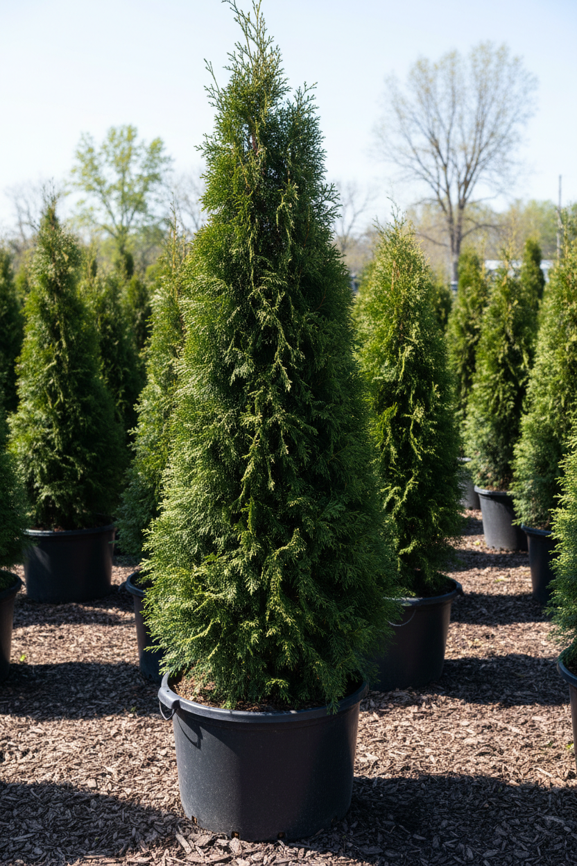 North Pole Arborvitae narrow columnar evergreen in nursery container