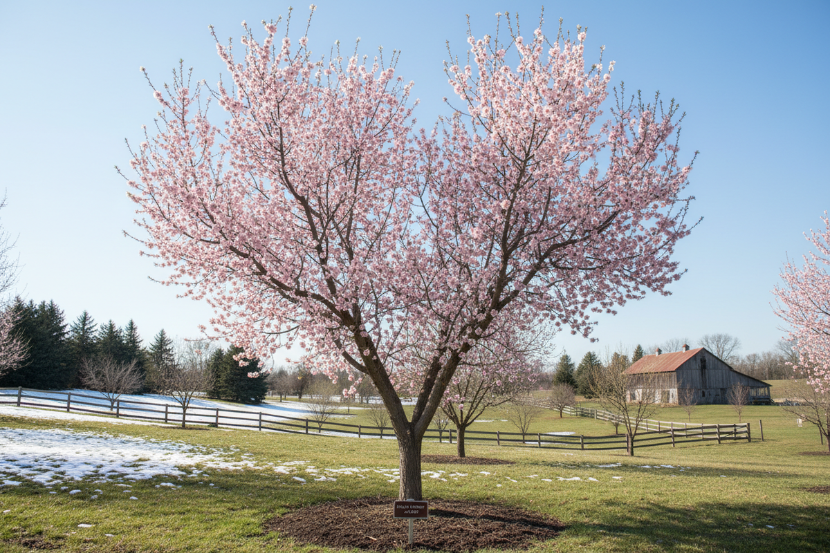 Halls Hardy almond tree in bloom with pale pink blossoms