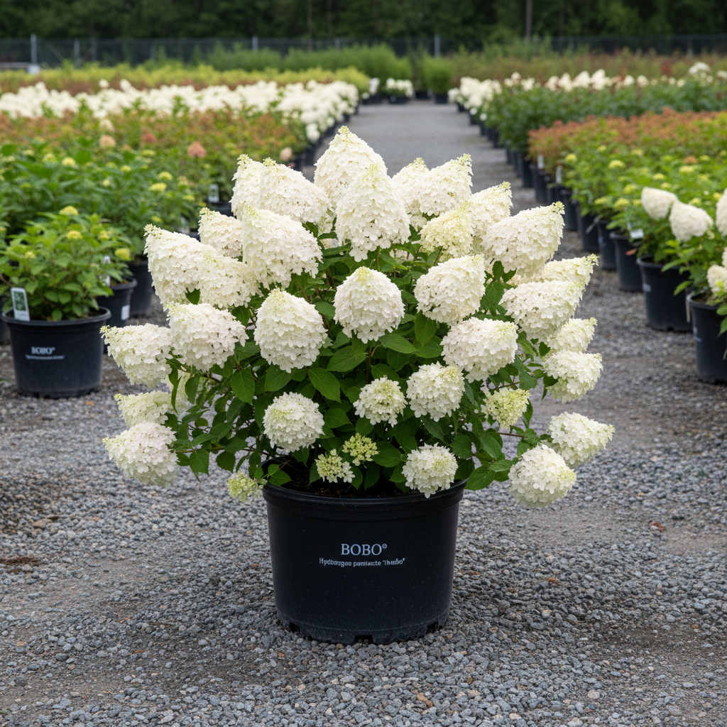 BOBO Dwarf Panicle Hydrangea in black nursery trade container, compact mounding shrub covered in large white cone-shaped flower panicles, outdoor nursery lot background