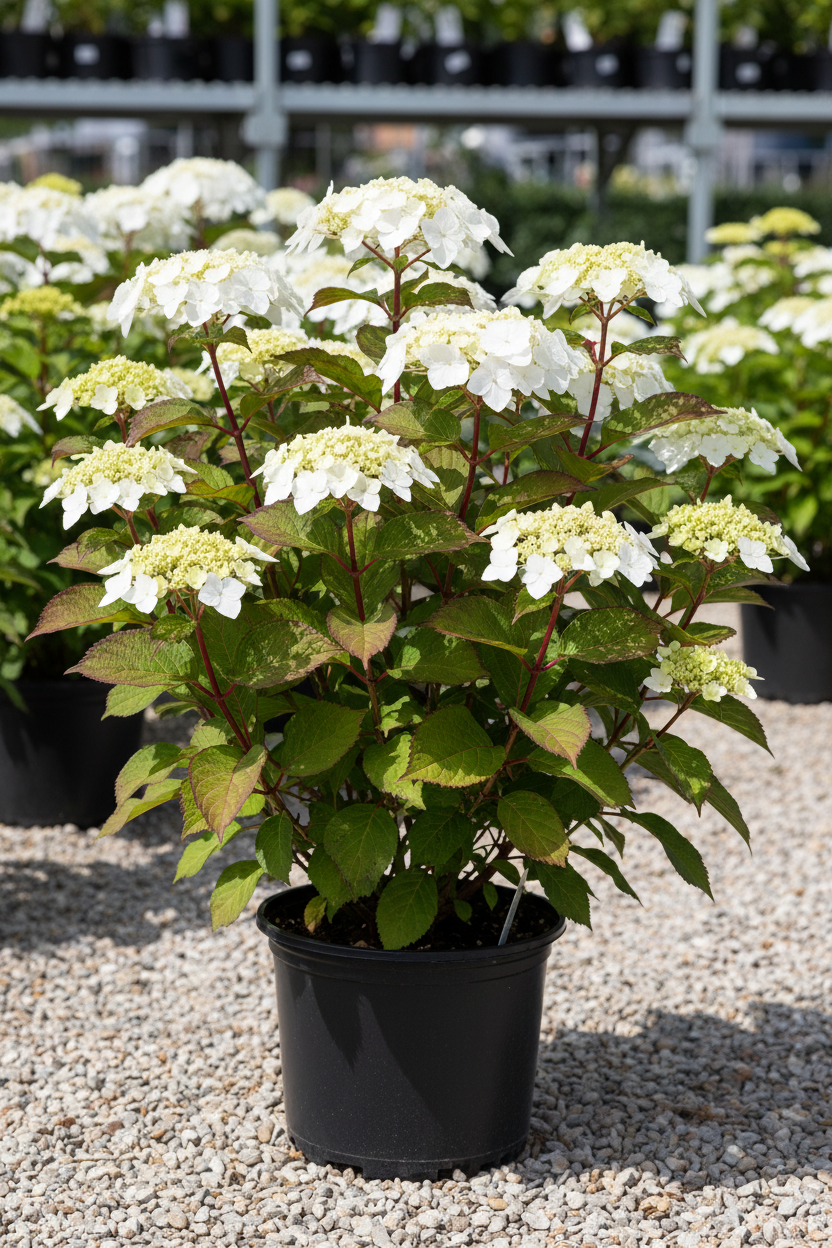 Lady in Red bigleaf hydrangea in black nursery pot with white lacecap flowers and red stems