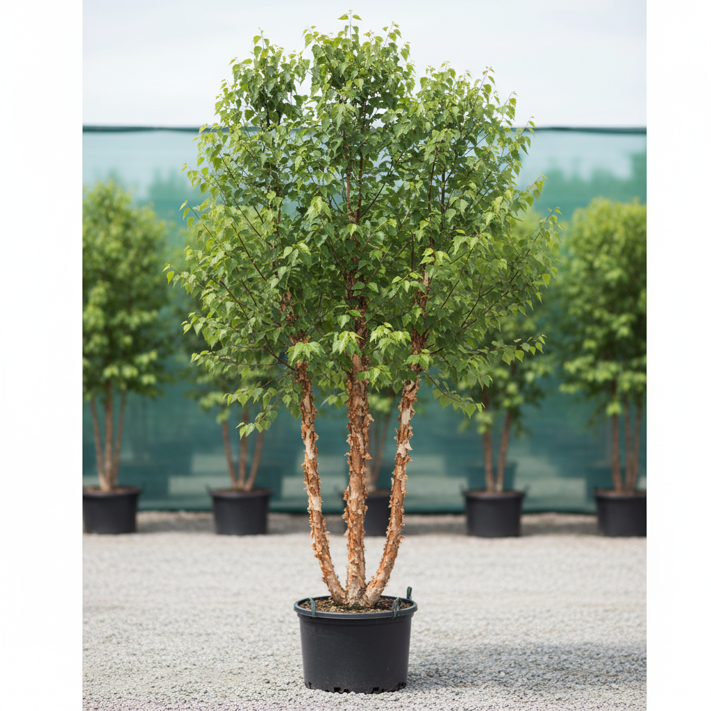 Fox Valley® Dwarf River Birch in 15-gallon nursery container, approximately 8 feet tall, with peeling cinnamon-cream bark and green foliage