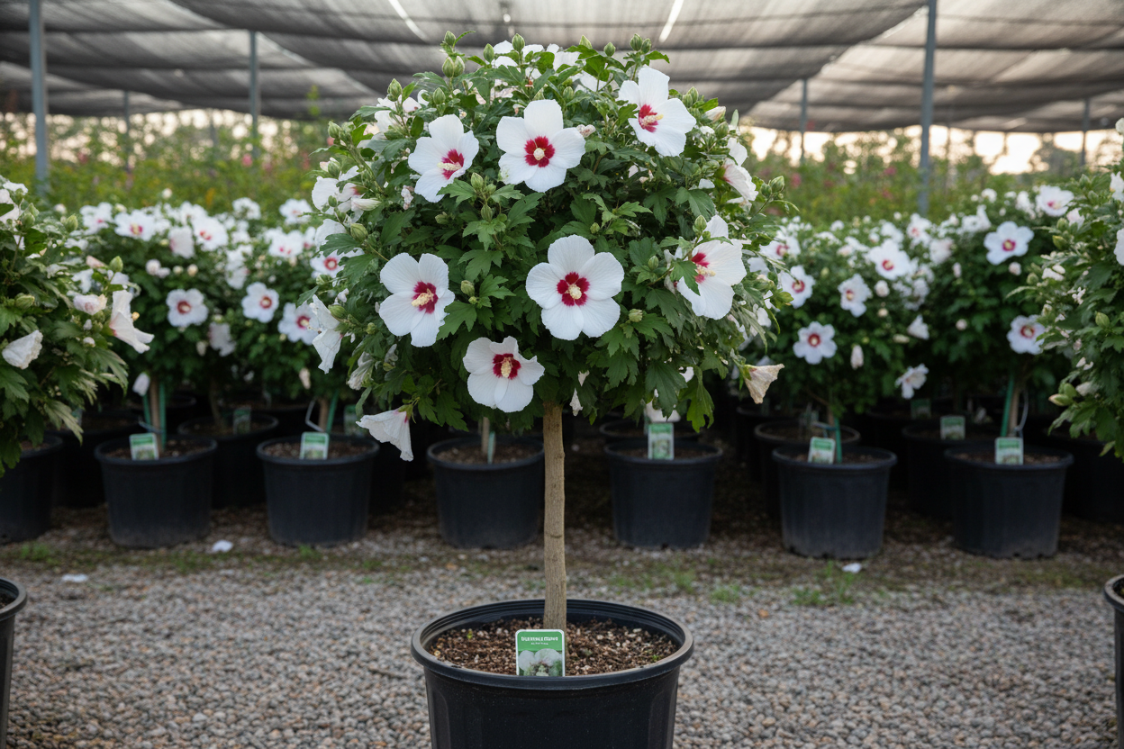 Althea 'Red Heart' Rose of Sharon in tree form with white flowers and crimson-red eye in black nursery container
