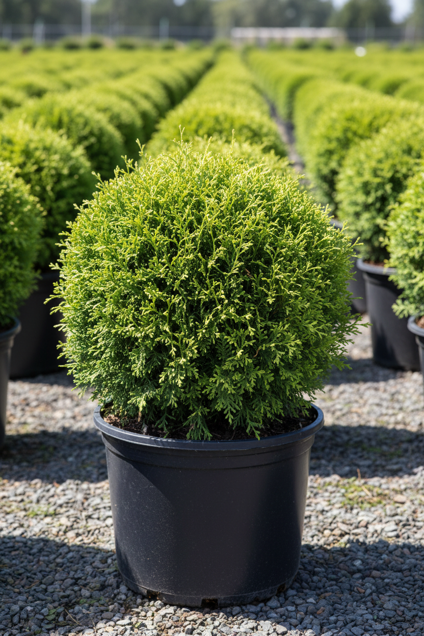 Arborvitae Little Giant Globe dwarf evergreen in nursery container
