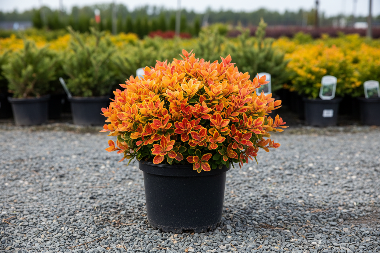 Sunjoy Todo Barberry compact mounded shrub with golden-orange and red variegated foliage, nursery stock