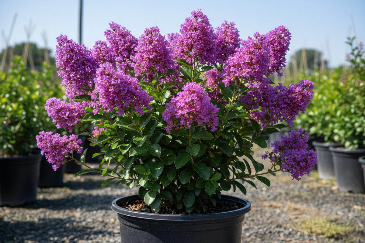 Catawba crape myrtle with deep purple-violet blooms in nursery container