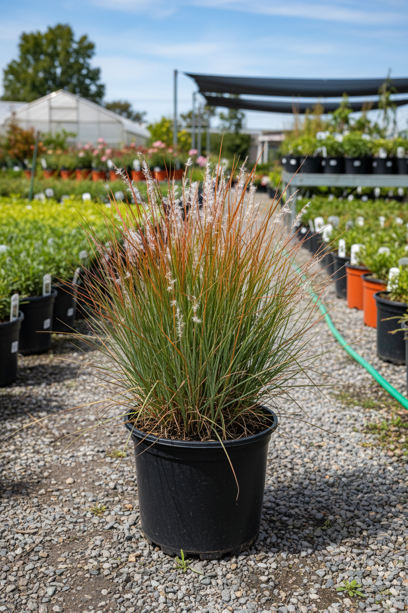 Little Bluestem in black nursery pot with blue-green blades and fluffy white seed heads at garden center
