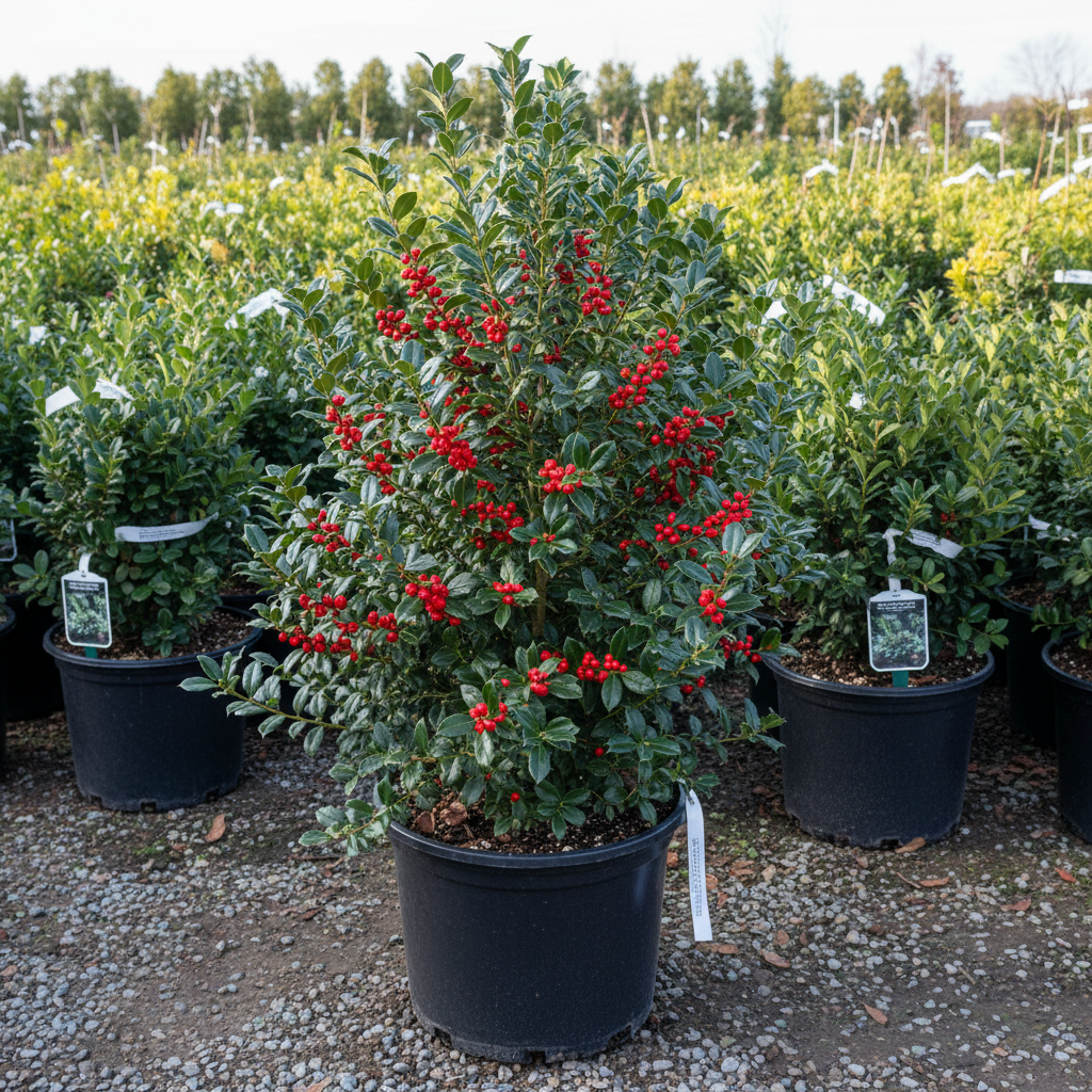 Blue Princess Holly in black nursery trade container, dense upright evergreen with glossy dark spiny leaves and bright red berries, outdoor nursery lot background