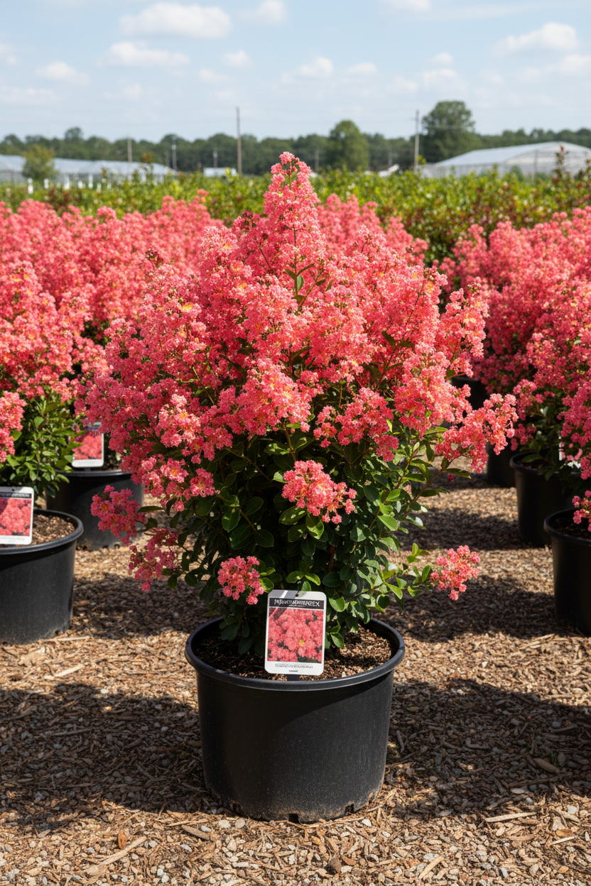 Thunderstruck Coral Boom Crape Myrtle in full bloom with coral pink flower clusters