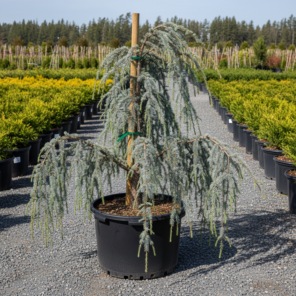 Blue Cascade Weeping Blue Atlas Cedar in black nursery trade container, cascading silvery-blue branches, outdoor nursery lot background