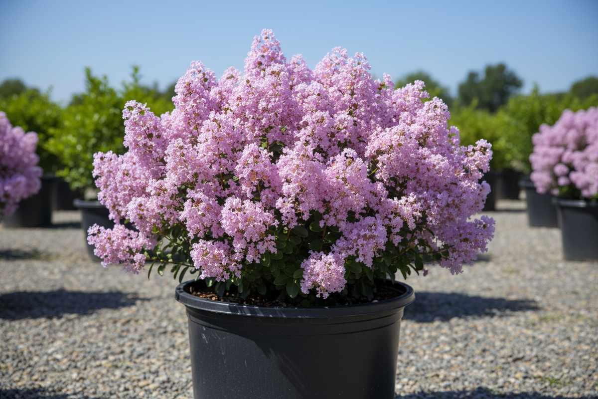 Lunar Magic crape myrtle with soft lavender-pink blooms in nursery container