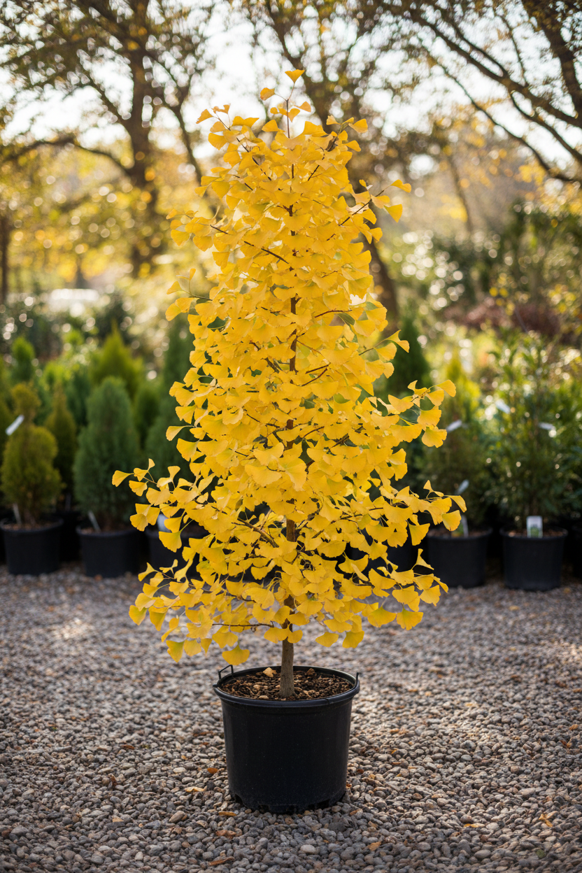 Ginkgo biloba Autumn Gold tree in black nursery pot with brilliant golden-yellow fan-shaped leaves at garden center