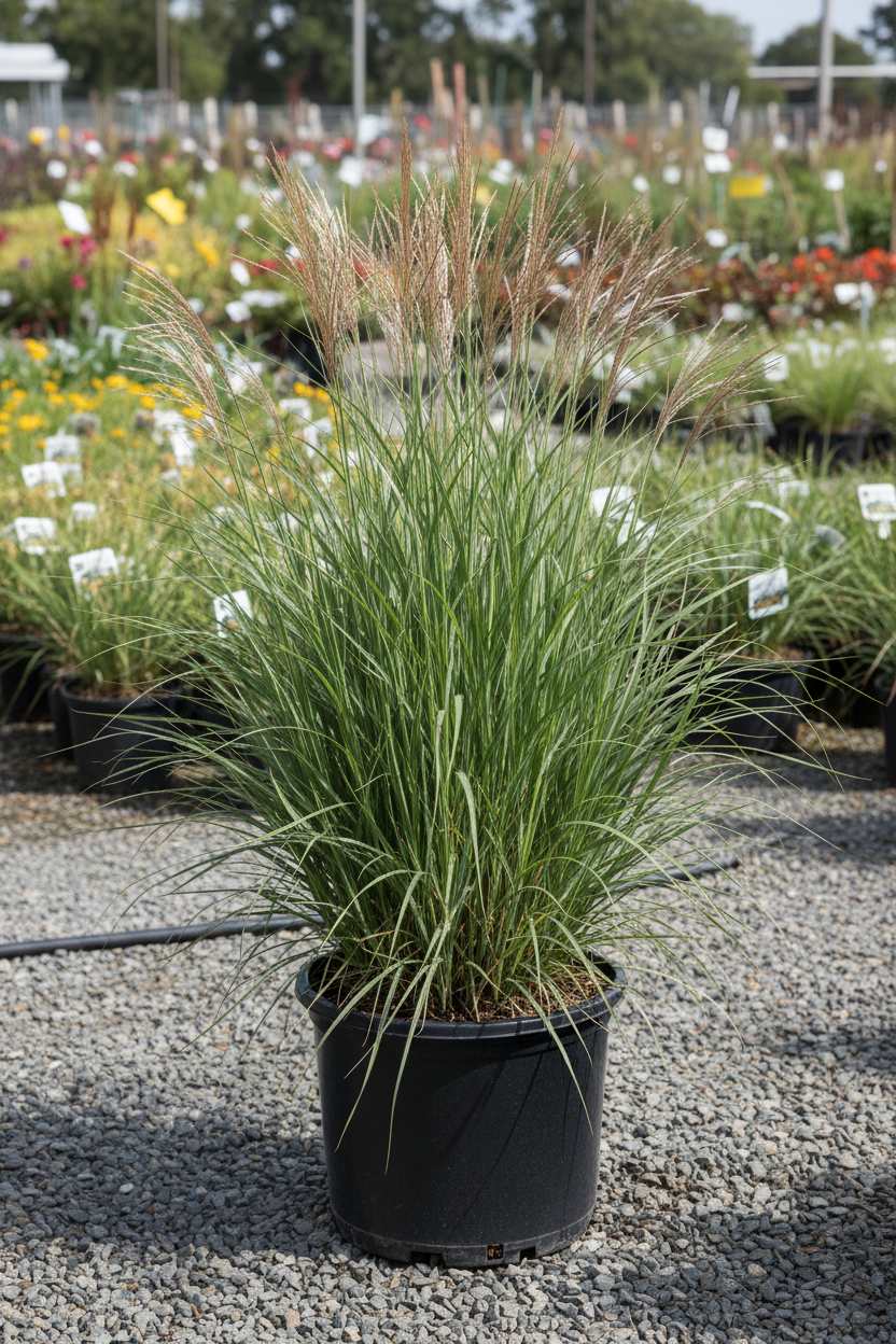 Gracillimus Maiden Grass in black nursery pot with fine silvery-green arching blades and copper-silver plumes at garden center