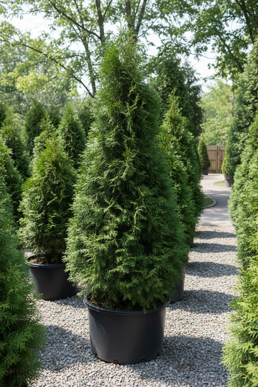 Dark Green Arborvitae tall broadly pyramidal evergreen in nursery container