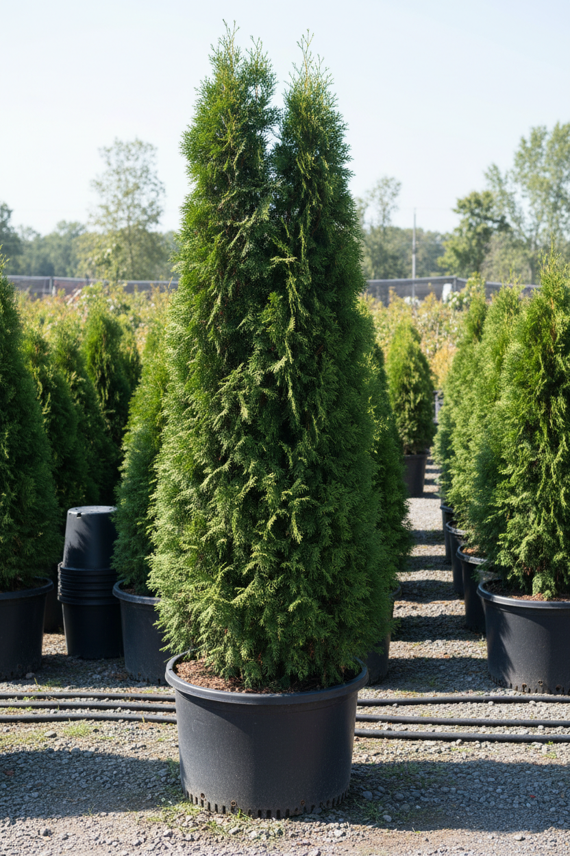 Arborvitae Hetz Wintergreen columnar evergreen in nursery container