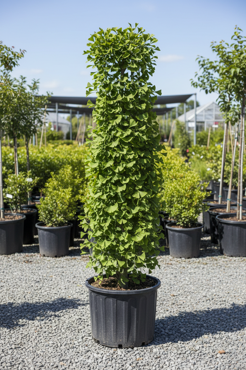 Ginkgo Magyar columnar tree in black nursery pot with fan-shaped green leaves at garden center