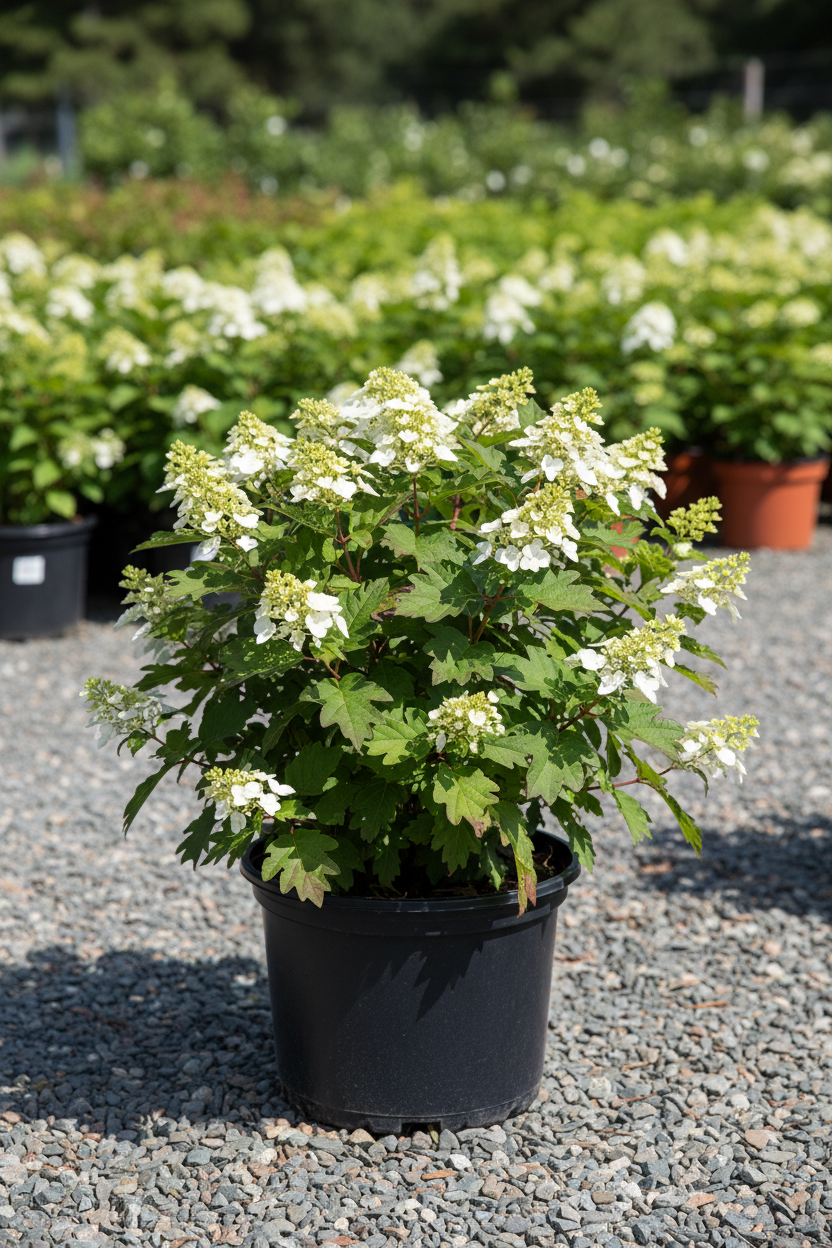 Munchkin dwarf oakleaf hydrangea in black nursery pot with white cone-shaped panicles and distinctive deeply lobed oak-shaped leaves