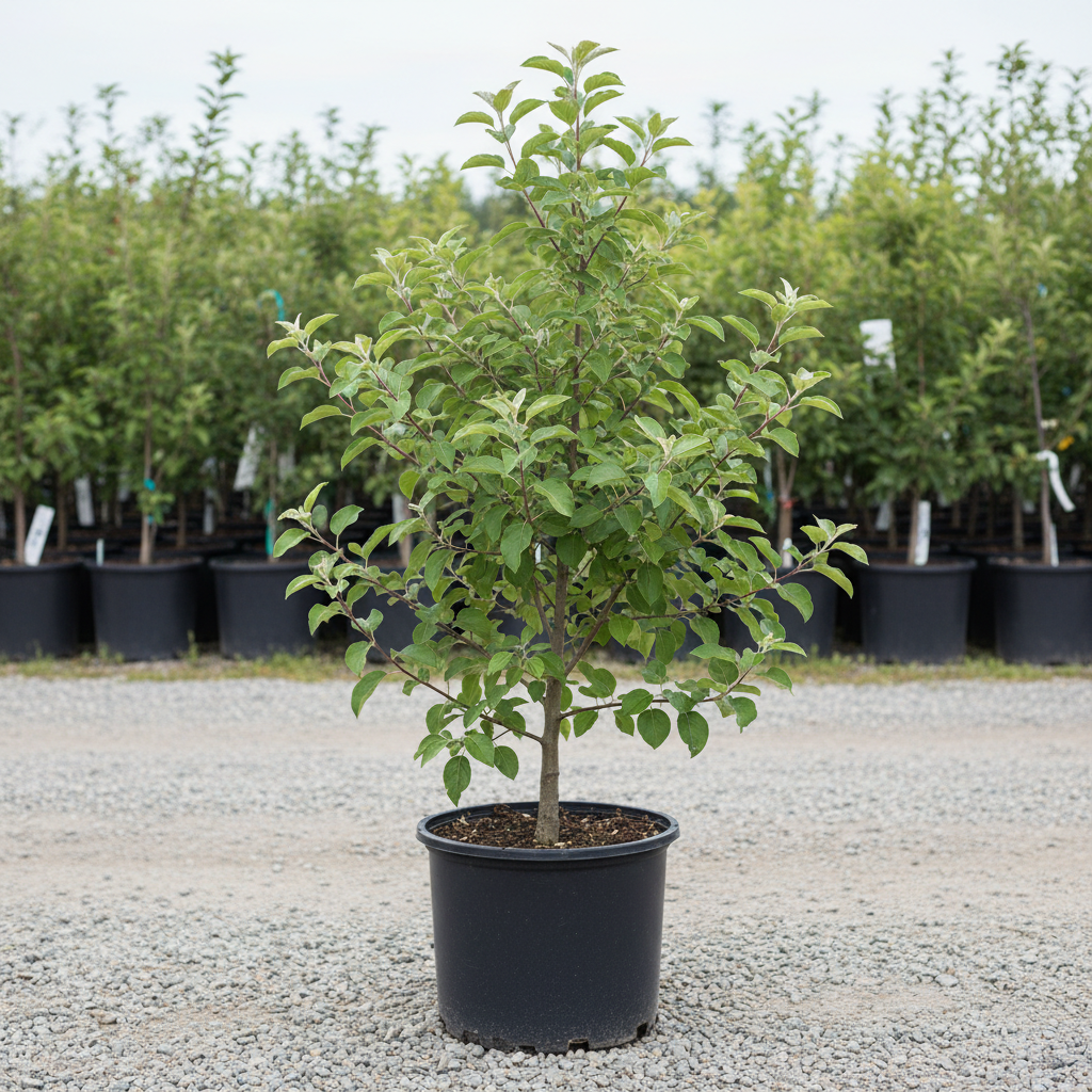 Cameo Apple tree in black nursery trade container, young deciduous fruit tree with green leaves, outdoor nursery lot background