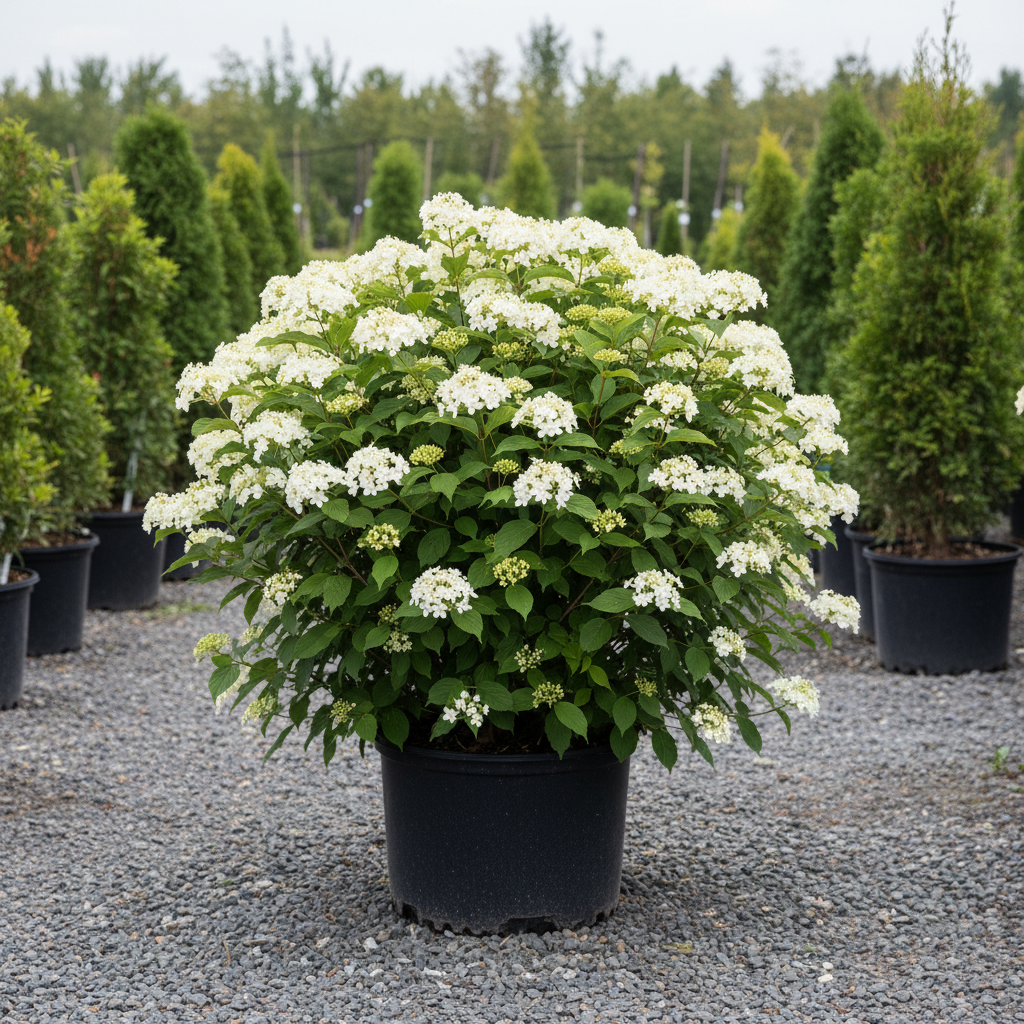 Blue Muffin Arrowwood Viburnum in black nursery trade container, white flower clusters, outdoor nursery lot background