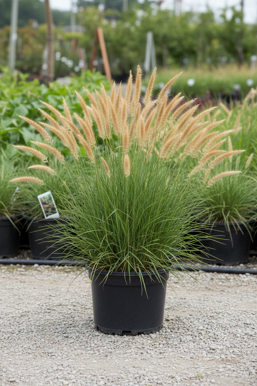 Cassian Fountain Grass in black nursery pot with arching green blades and golden-tan bottlebrush plumes at garden center