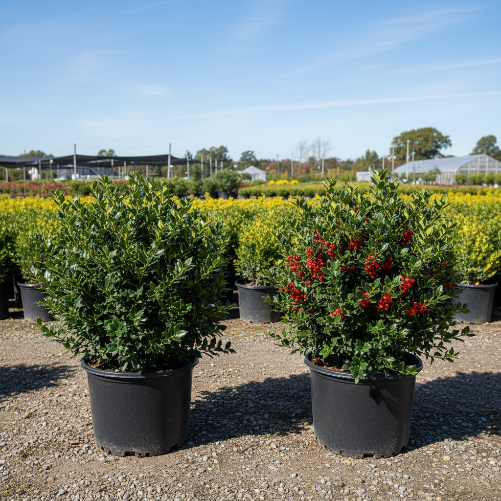 Blue Prince and Blue Princess Holly combo, male and female plants side by side in black nursery trade containers, red berries on female plant, outdoor nursery lot background