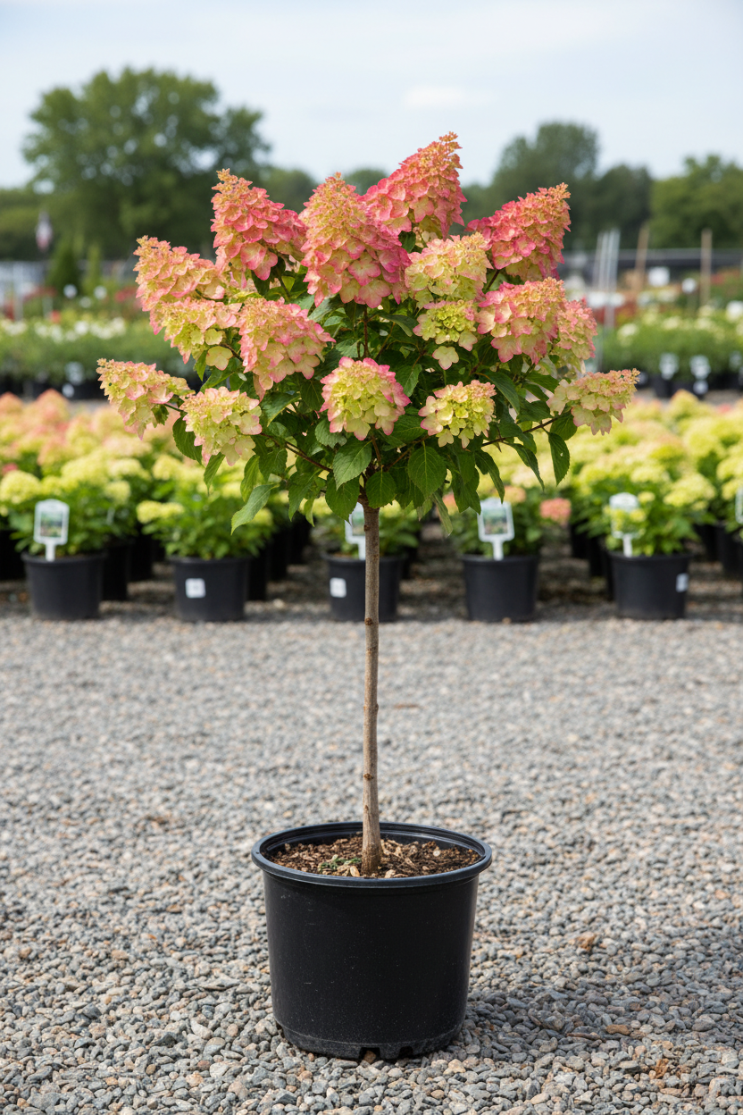 Little Lime Punch panicle hydrangea tree form in black nursery pot with lime green to pink and red panicles on single trunk