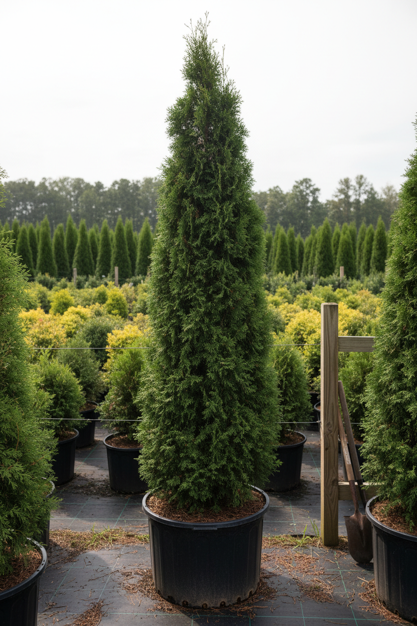 Arborvitae Private Jet narrow columnar evergreen in nursery container