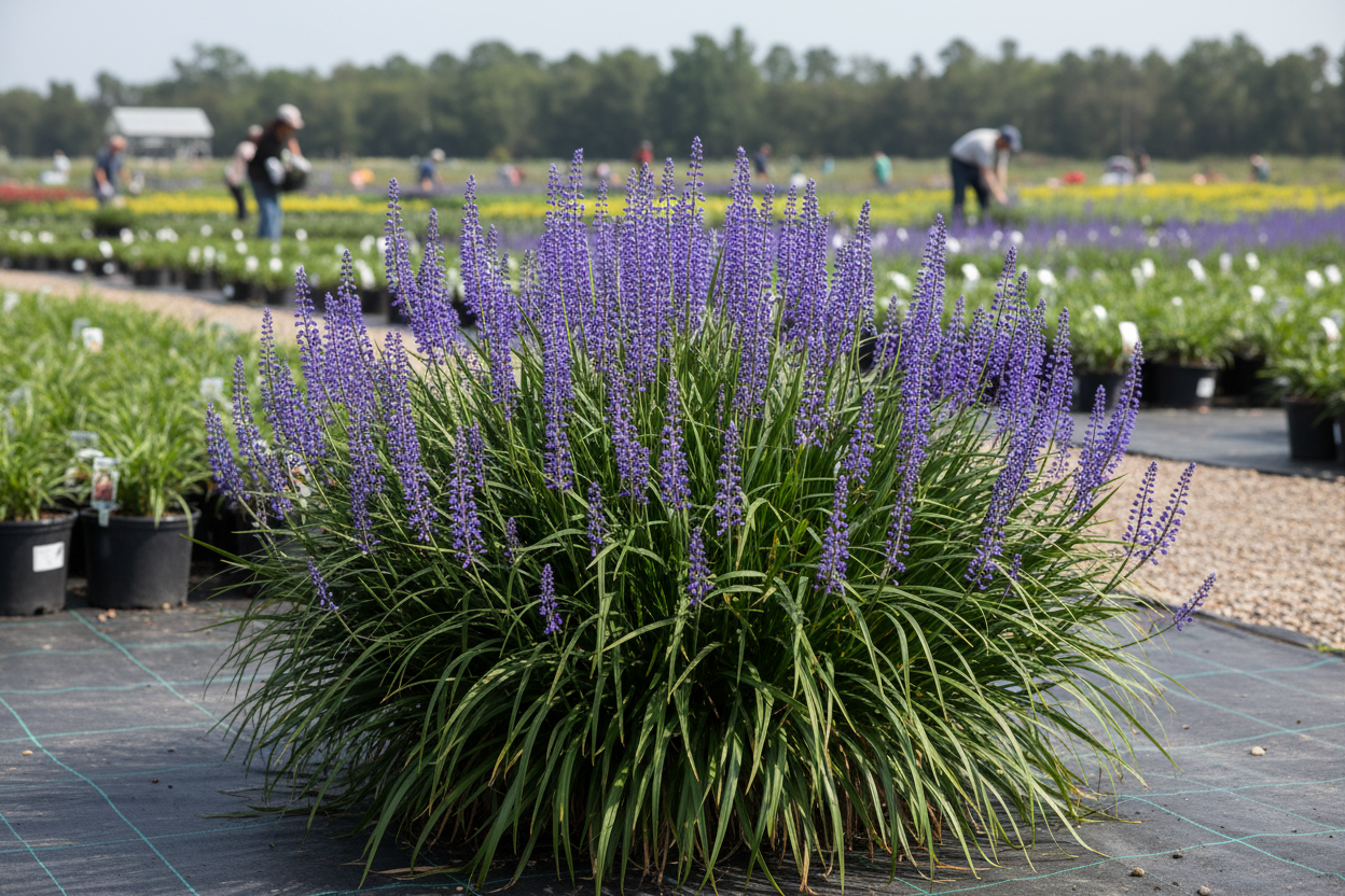 Big Blue Liriope with violet-blue flower spikes and dense dark green clumping foliage