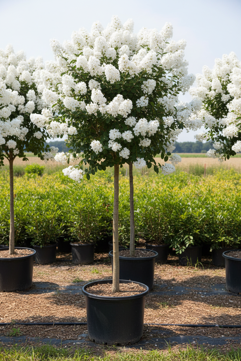 White Crape Myrtle single cane standard form in full bloom with pure white flower clusters