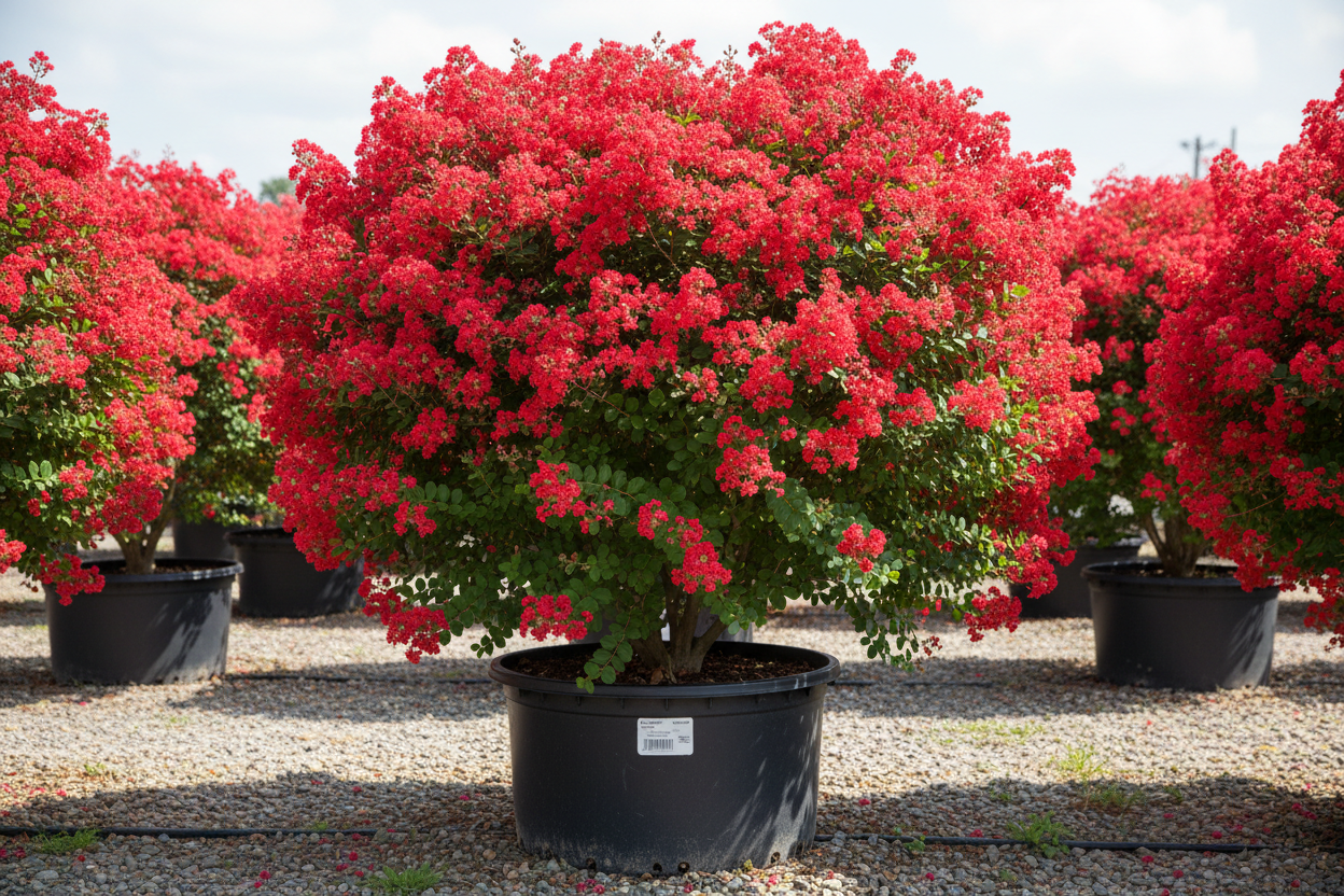Dynamite crape myrtle with brilliant red blooms in nursery container