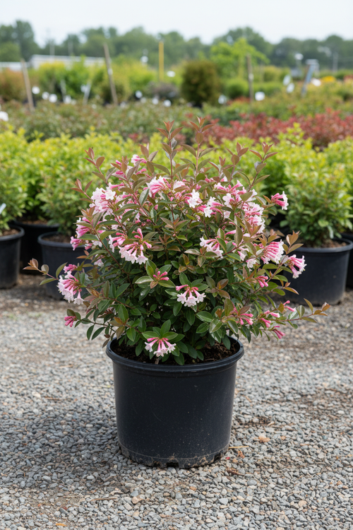 Abelia Rose Creek shrub in black nursery pot with pink and white blooms at garden center