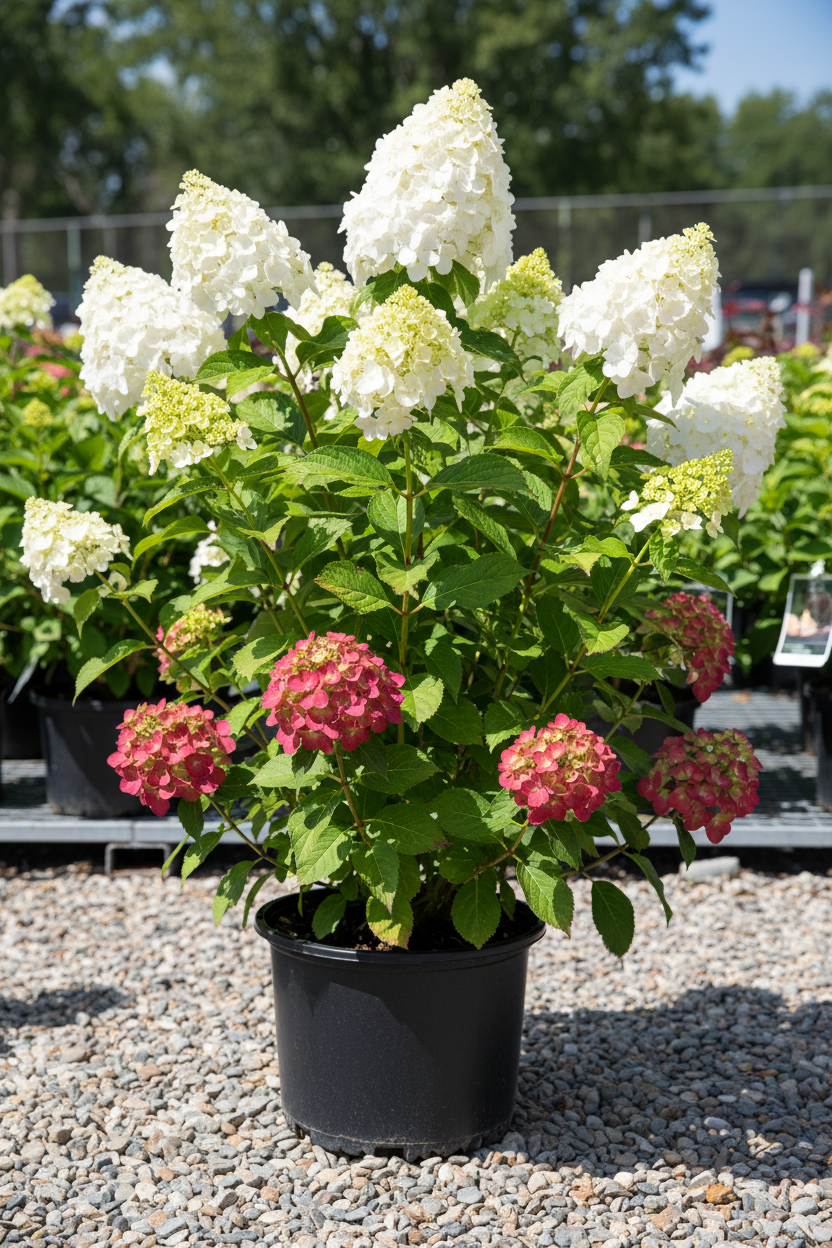 Quick Fire Fab panicle hydrangea in black nursery pot with large white to deep pink-red cone-shaped panicles