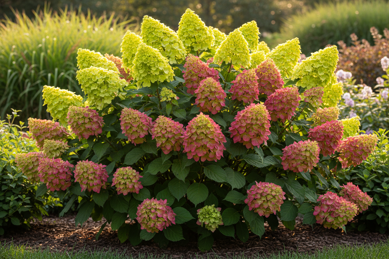 Limelight Prime Panicle Hydrangea in full bloom with lime green to deep pink flower panicles