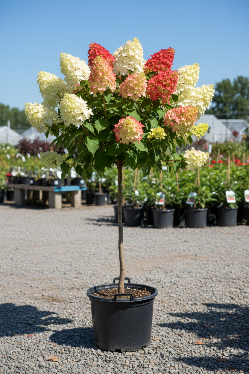 Fire Light panicle hydrangea tree form in black nursery pot with white to strawberry red panicles on single trunk