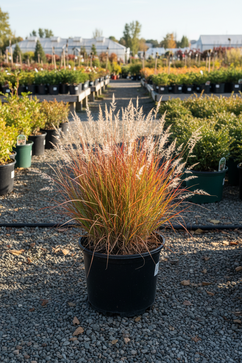 Shining Star Little Bluestem in black nursery pot with blue-green blades and fluffy white seed heads at garden center