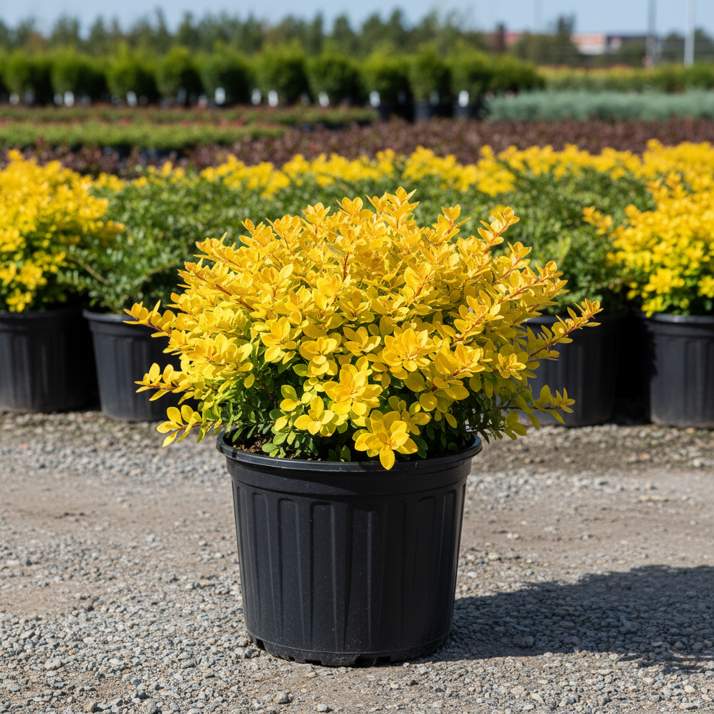 Bonanza Gold Barberry in black nursery trade container, compact mounding dwarf shrub with brilliant golden-yellow foliage, outdoor nursery lot background