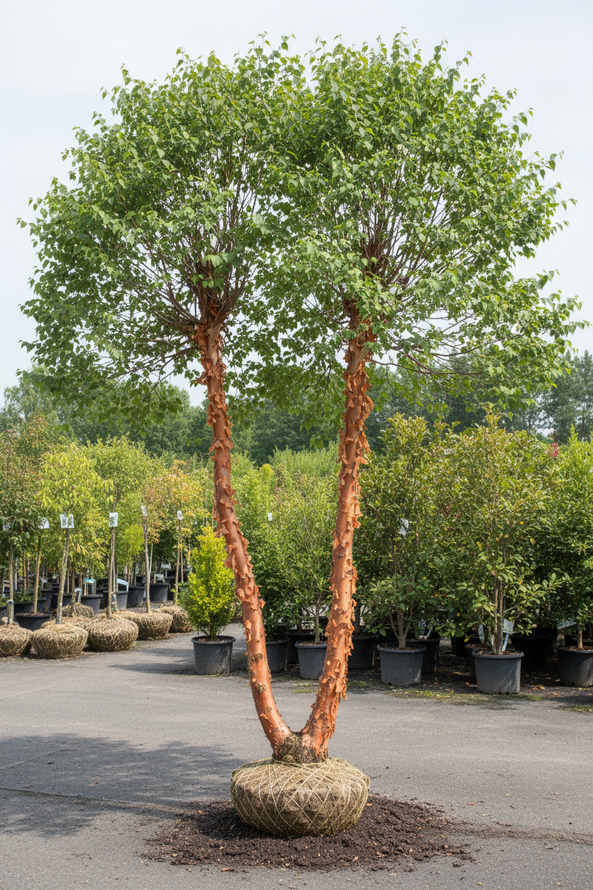River Birch double stem tree showing two trunks with peeling cinnamon-salmon bark and graceful green canopy