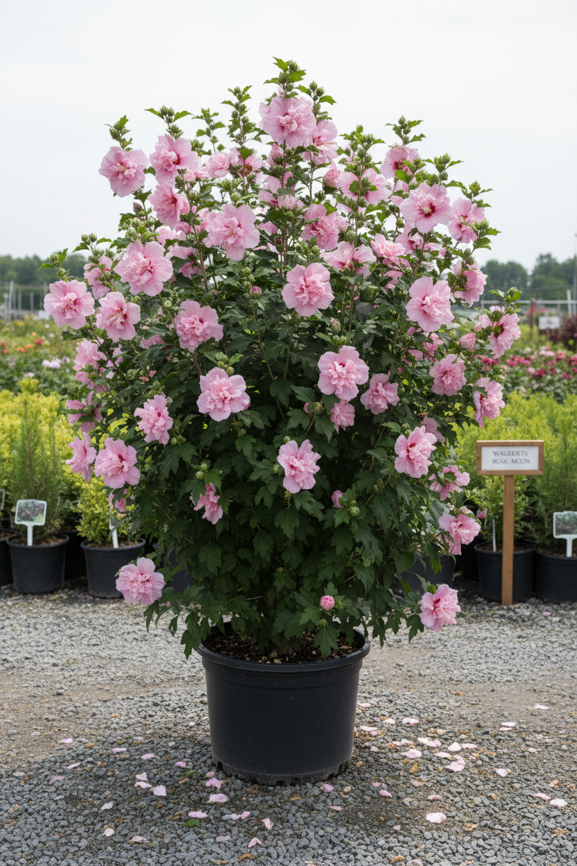 Althea Walberts Rose Moon Rose of Sharon in black nursery pot with soft pink double blooms