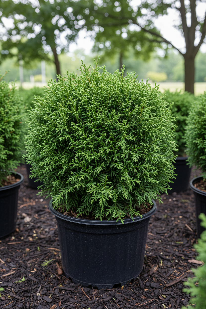 Arborvitae Mr Bowling Ball compact dwarf evergreen in nursery container