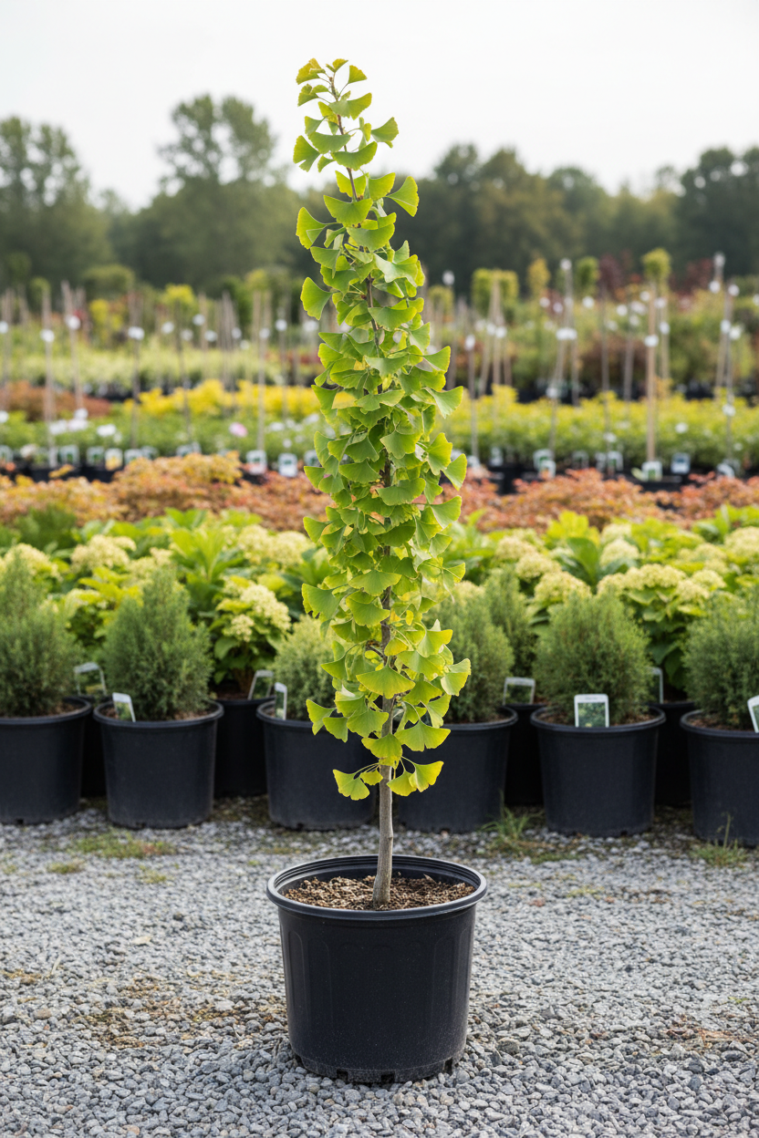 Ginkgo biloba starter tree 4 feet tall in 5 gallon black nursery pot with fan-shaped green leaves at garden center