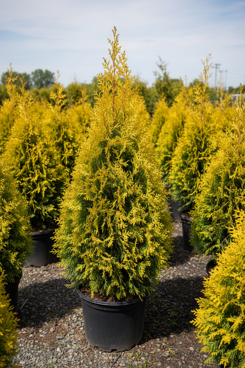 Arborvitae Highlight variegated evergreen in nursery container