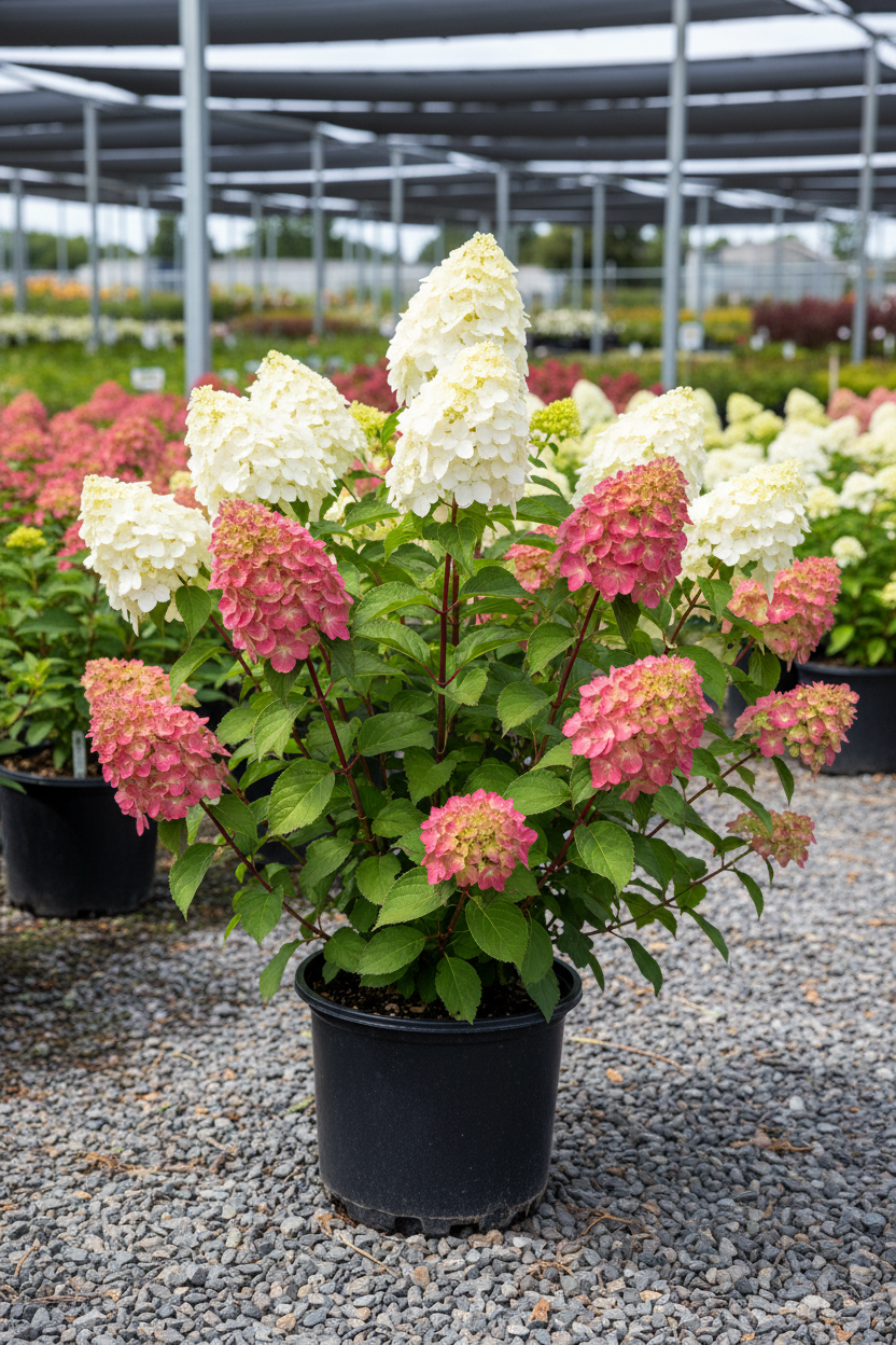 Quick Fire Fab panicle hydrangea in black nursery pot with large white to deep pink cone-shaped panicles