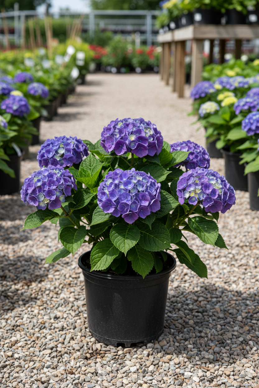 Wee Bit Grumpy bigleaf hydrangea in black nursery pot with large round deep violet-blue mophead flower clusters