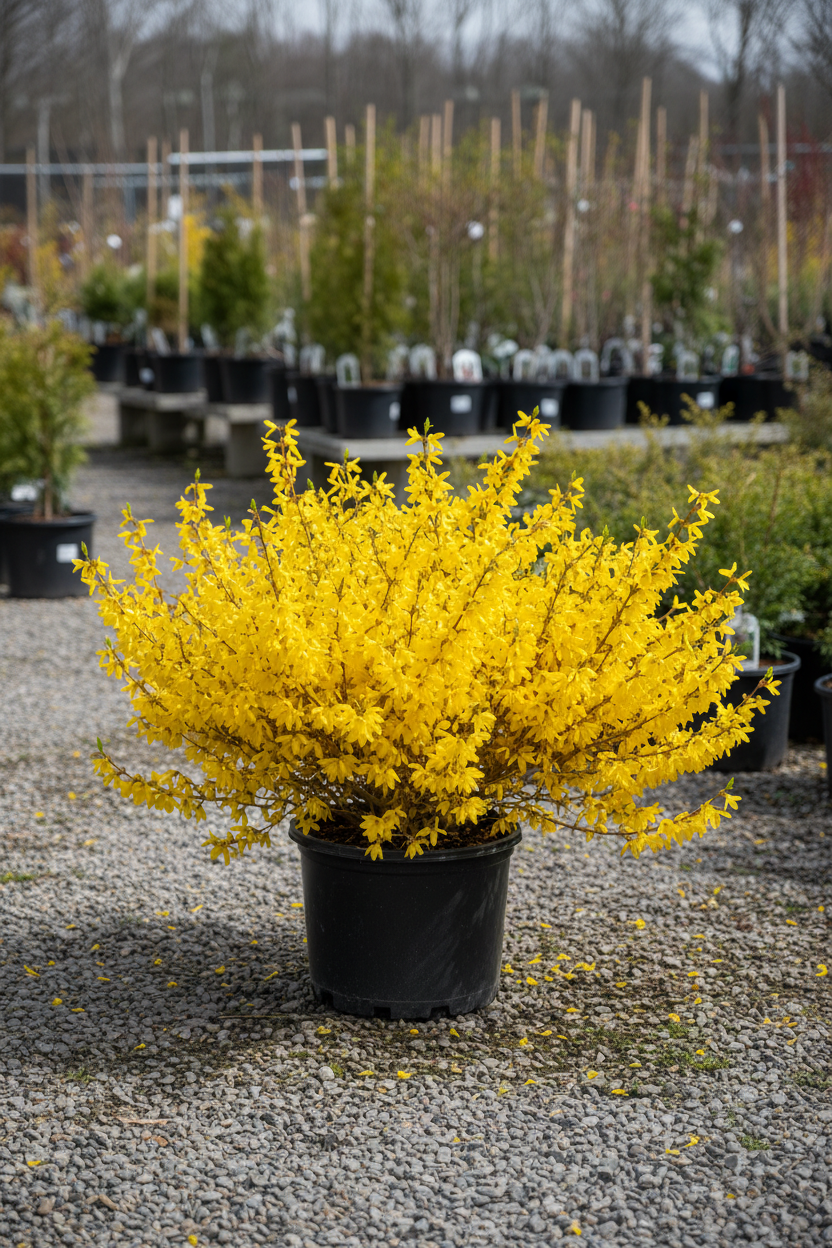 Forsythia Mt Airy in black nursery pot with golden-yellow arching spring blooms at garden center