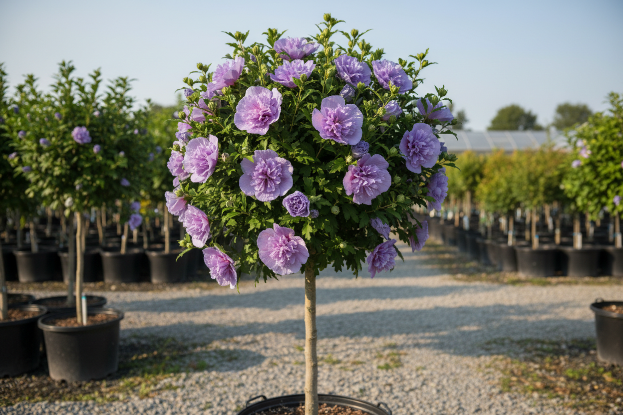 Althea 'Ardens' Rose of Sharon in tree form with double purple-lavender flowers in black nursery container